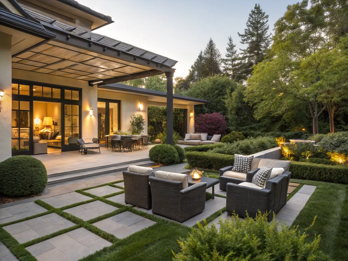 A lush, well-designed backyard with a patio, flower beds, and a manicured lawn, representing residential landscaping services by Backyard Boys Landscaping.