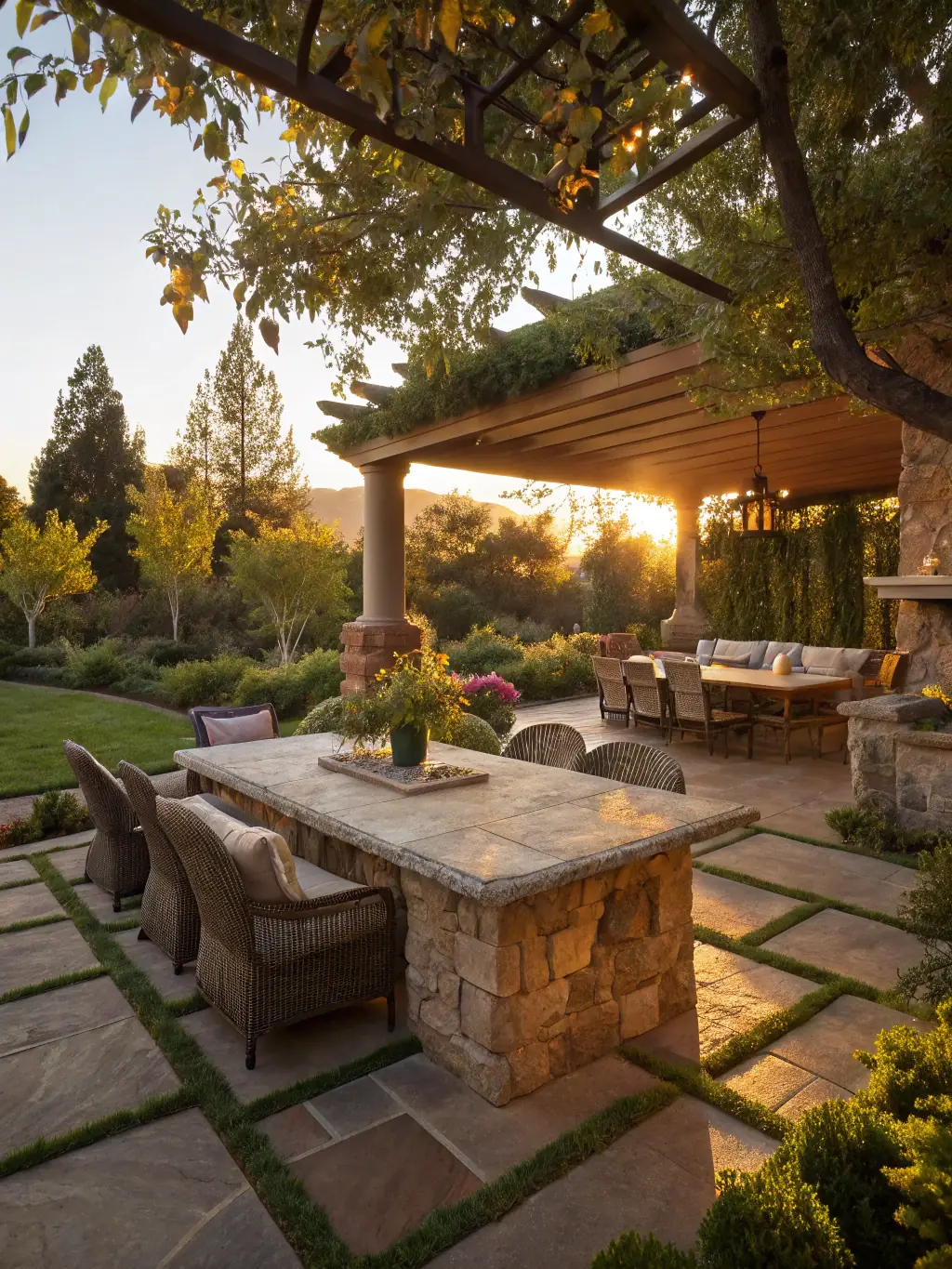 A stone patio with outdoor furniture and a fire pit, showcasing the hardscaping services provided by Backyard Boys Landscaping to create functional and beautiful outdoor living spaces.