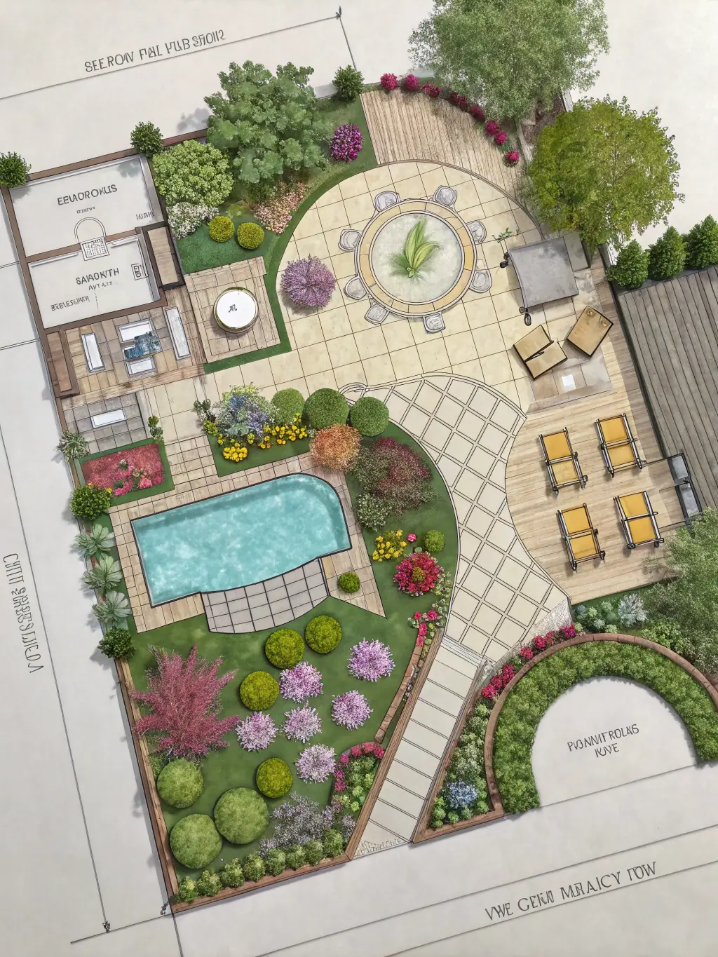 A landscape design plan rendering showing a before-and-after transformation of a residential property, illustrating the comprehensive landscape design services offered by Backyard Boys Landscaping.